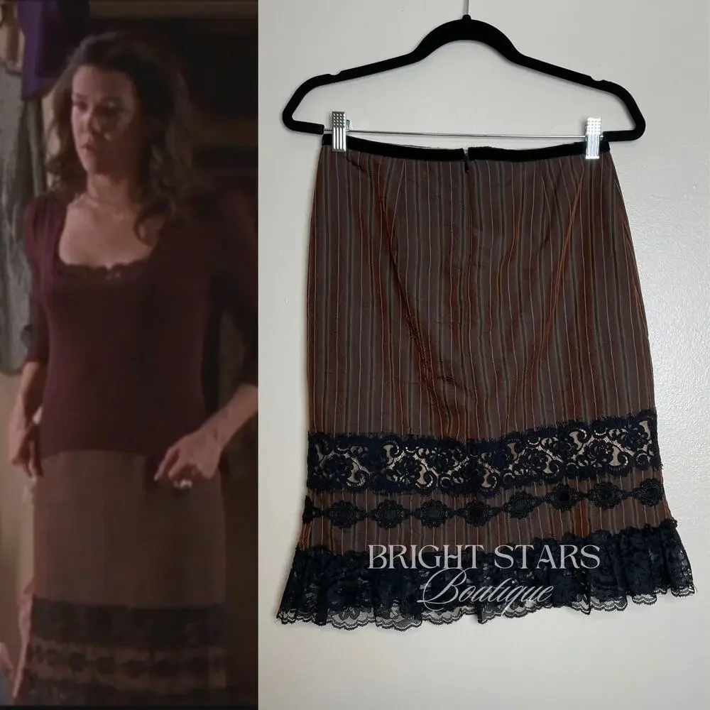 Rare Brown Stripe Lace Trim Pencil Skirt ASO Lorelai Gilmore Girls Vintage Y2K